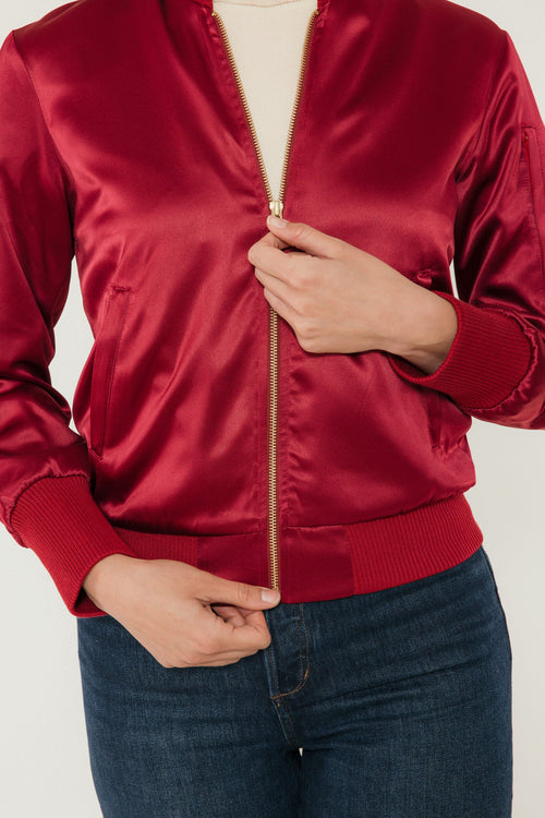 The Amelia Bomber Jacket in Mulberry Satin