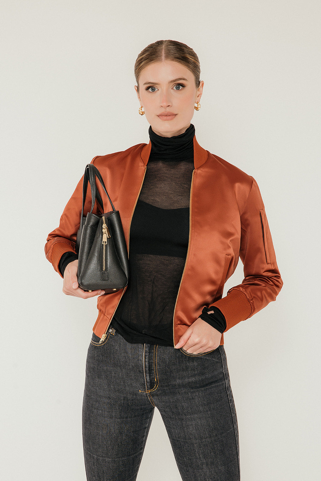 The Amelia Bomber Jacket in Cognac Satin